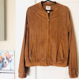 Perforated faux suede camel brown zipper jacket